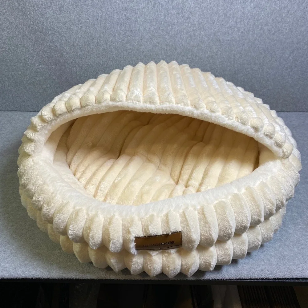Cheerpals Pet Cave Bed Cat Small Dog Beige Ribbed Plush Hooded Cozy Burrower EUC